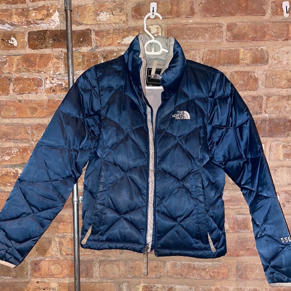 The North Face Aconcagua 550 Goose Down Coat Womens Size XS Blue Satin.